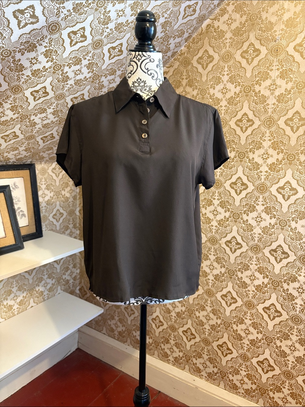 Vintage 100% silk Dark Brown Polo Shirt